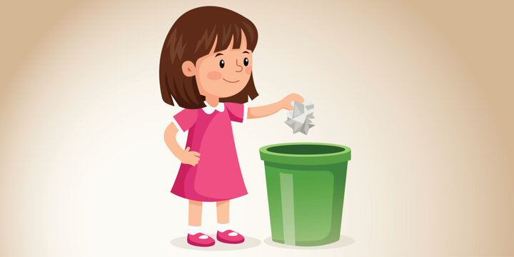 A cartoon girl throwing away a piece of paper into a green trash can
