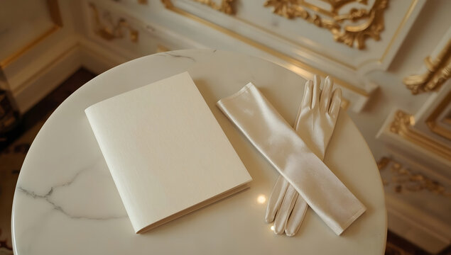 Blank white book and satin gloves on a marble table. Luxury accessories.

