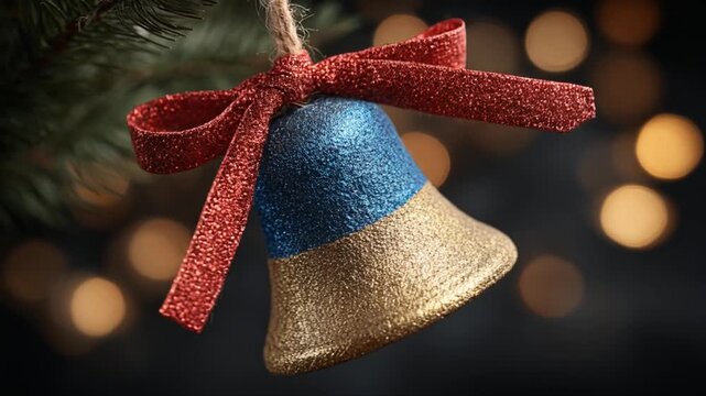Glittering bell ornament with red bow against bokeh lights