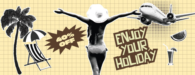 Retro vintage pop art comic style halftone collage travel agency banner for summer holiday vacation banner Retro enjoy your holiday banner with happy woman airplane beach chair and palm tree design © Nusrat