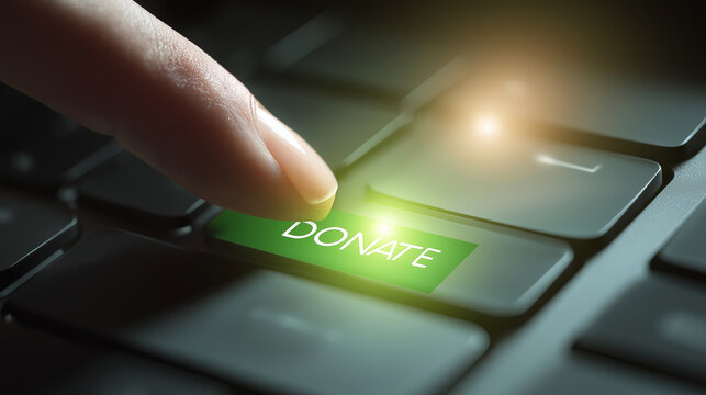 Finger pressing green donate button on computer keyboard for online charity, giving, and financial support concepts
