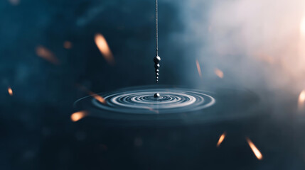 Metallic pendulum ball dropping into liquid, creating rhythmic concentric ripples. Physics and energy in action