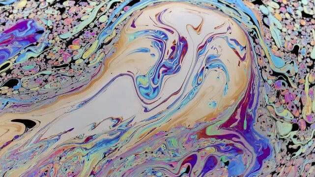 Soap bubble breaking apart in slow motion near collapse. Its fragile surface fragments, stretches and thins, revealing the final stage before bursting completely.