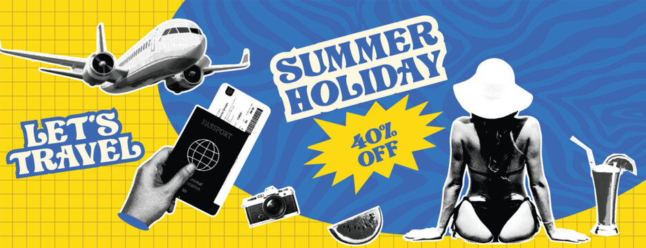 Retro vintage pop art comic style halftone collage travel banner for summer holiday vacation, summer holiday pool party banner with hand holding passport airplane and camera collage illustration