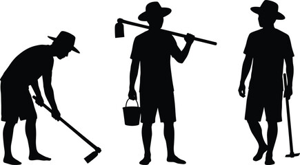 Farmers silhouette illustration, agricultural labor artwork, hoe and shovel design, rural farming scene, traditional agriculture decor, manual work artwork, © MstGeasmin