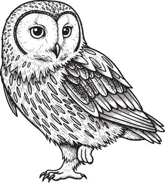 Engraved illustration of perched owl, meticulously etched feathe