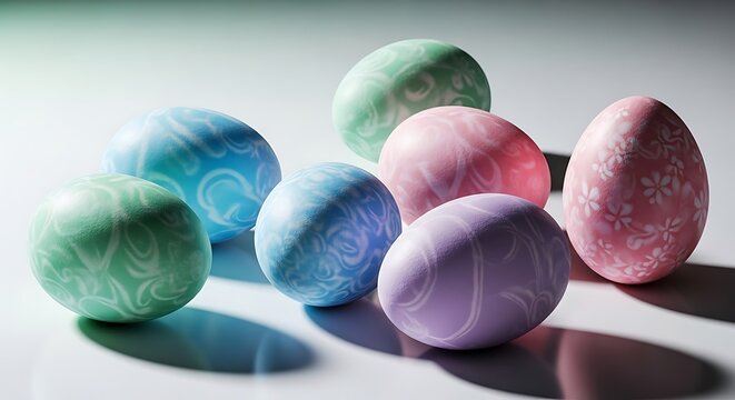 Colorful easter eggs with floral patterns in pastel colors for spring season