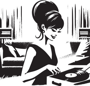 Elegant woman with beehive hairstyle enjoying vintage vinyl reco