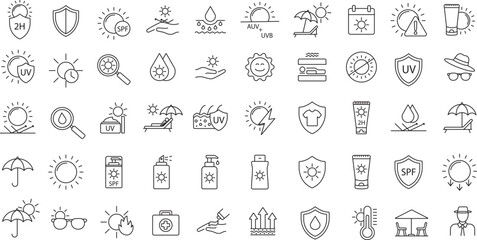 Sun Protection editable stroke outline icons set. UV protection, safety, sunscreen, lotion, cream, hat, sunglasses, umbrella, beach, shield, temperature, thermometer, skin, health, medical and more. © The Icon Hub