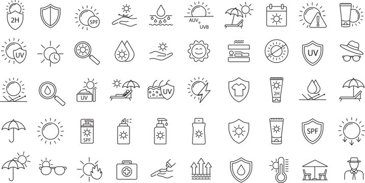 Sun Protection editable stroke outline icons set. UV protection, safety, sunscreen, lotion, cream, hat, sunglasses, umbrella, beach, shield, temperature, thermometer, skin, health, medical and more.