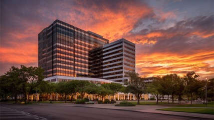 Modern office building under dramatic sunset sky displaying vibrant orange and purple hues with lush green landscape in urban city setting