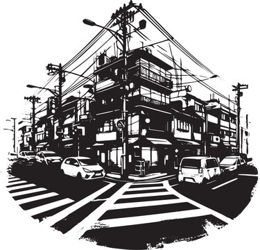 Monochrome urban landscape illustration of a bustling street cor