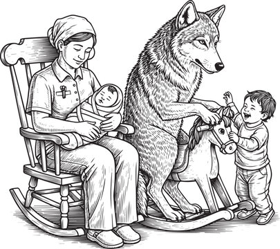 Engraved Illustration of Family Scene with a Nurse, Baby, Wolf a