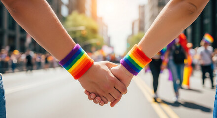 Obraz premium Two hands holding each other, with rainbow wristbands, in outdoor setting, representing connection, support, and solidarity for a social movement