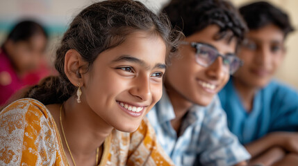 Obraz premium Group of young Indian students late teens, smiling talking each other, interactive class session South Asian education, peer learning visualization, with copy space