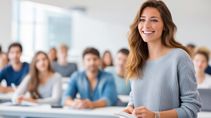 Obraz premium Young individual speaking to group students classroom, discussion presentation leadership communication, teamwork active participation, learning environment representing, with