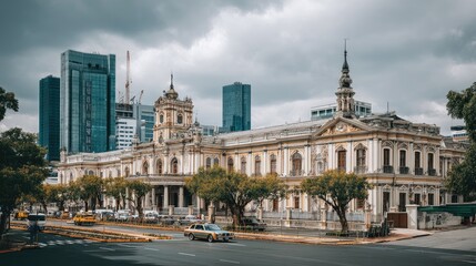 Obraz premium Historical building architecture with modern city skyline and stormy sky in Mexico City creating a stunning juxtaposition of old and new structures
