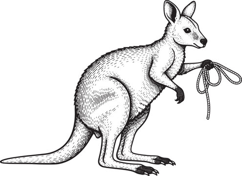 Engraved depiction of kangaroo standing and holding rope, vintag