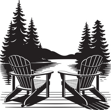 Two Adirondack chairs facing a tranquil lake and pine forest, suggesting relaxation and nature retreat.