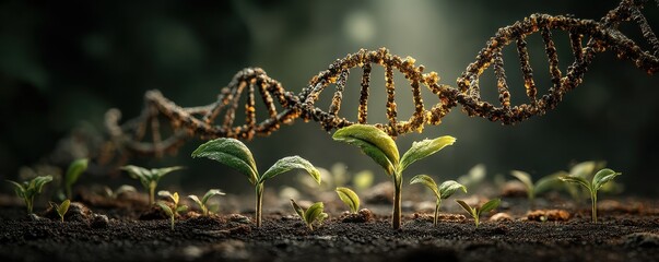 Naklejka premium DNA double helix surrounded by young green plants growing from soil in a science and nature scene
