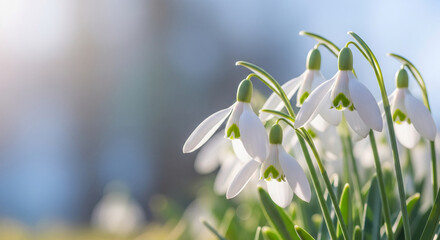 Obraz premium Close-up of white snowdrop flowers with green accent, symbolizing freshness, spring, and new beginnings, perfect for botanical themes or nature concepts