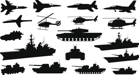 Military vehicles silhouettes collection featuring fighter jets helicopters tanks warships armored vehicles modern army navy air force icons vector © Hello there
