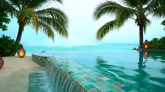 Tropical infinity pool with cascading water and palm trees by ocean