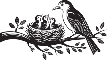 A mother bird feeding her chicks in a nest on a tree branch, symbolizing family and care. © msmdesign