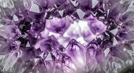 Amethyst geode cluster reflecting light, a captivating crystal cave