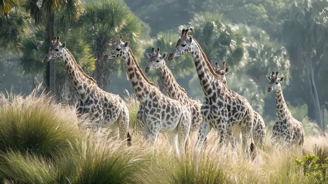 Majestic giraffes roam freely in lush savanna landscape during golden hour