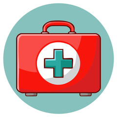 Obraz premium Red Medical Kit Graphic with Teal Cross Symbol Emergency Assistance Health