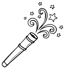 Hand drawn illustration of a magic wand with swirling magical energy and stars bursting forth
