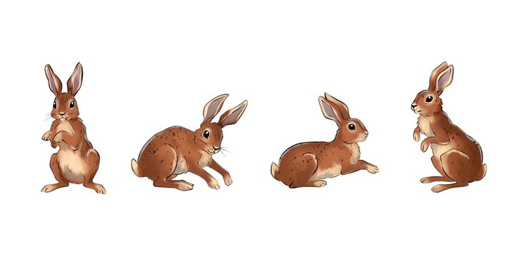 Set of four rabbits showing different poses in a simple and clear style for illustration purposes