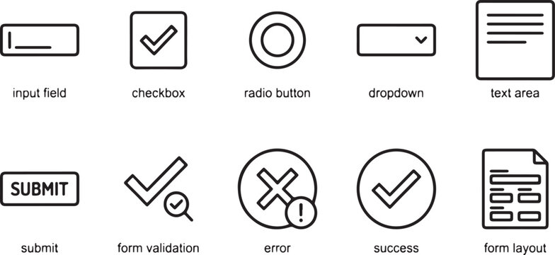 A collection of line icons representing form validation, data entry fields, and checkmark status indicators for user interfaces Vector