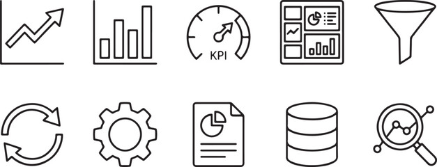Fototapeta premium A collection of ten small, black and white icons representing data analysis and settings functions Vector