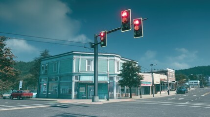 Urban street scene with red traffic lights, historical buildings, clear blue sky, and quiet atmosphere in a small town