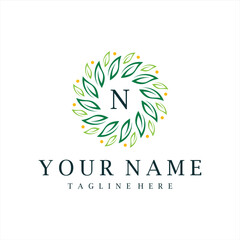 Obraz premium Initial letter N floral flower leaf with natural for cosmetics beauty fashion logo design
