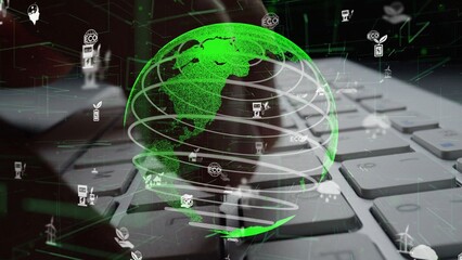 Obraz premium A vibrant illustration of a green globe surrounded by technology symbols on a keyboard, representing the intersection of digital innovation and eco-friendly practices. Xenic