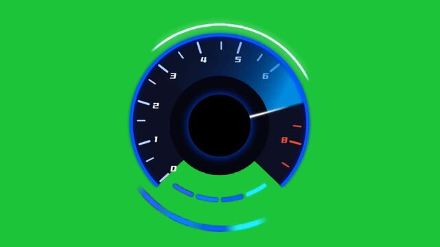 modern speedometer gauge with blue glow and moving needle on green background fast technology performance animation for overlay