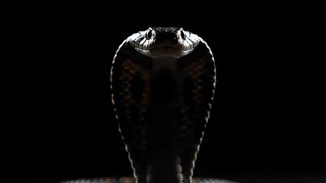 Dramatic Cobra Striking and Spitting Venom Against Dark Background