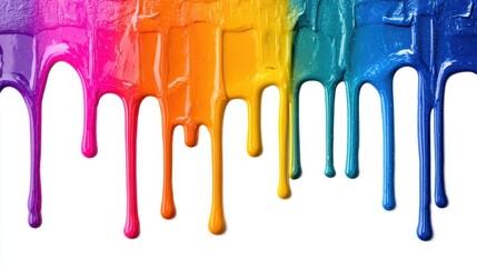 Colorful dripping paint in rainbow colors, vibrant glossy liquid art isolated on white background