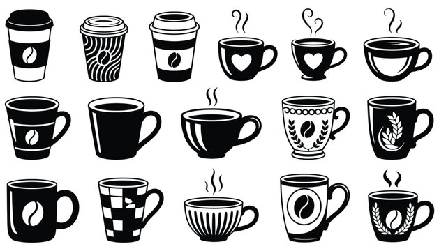 Hand-drawn coffee cups and takeaway coffee mugs collection, black and white vintage style vector illustrations, hot beverage icons, coffee shop design elements, and professional digital or print 