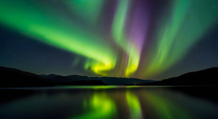 A vibrant display of northern lights over a serene lake at night