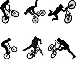 Obraz premium Six black silhouettes of BMX riders performing various freestyle stunts and tricks.