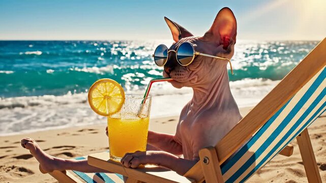 Sphynx cat wearing sunglasses sips a refreshing drink in a beach chair by the ocean on a sunny summer day