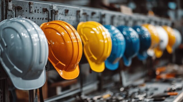 Row of colorful hard hats hanging in an industrial setting, representing worker safety and protection