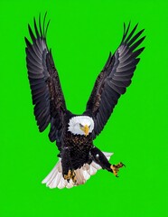 Fototapeta premium Majestic Bald Eagle Soaring with Wings Spread Against Green Background.