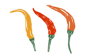 Hand drawn linocut style vegetables set. Grunge illustration of different peppers. Vector background 