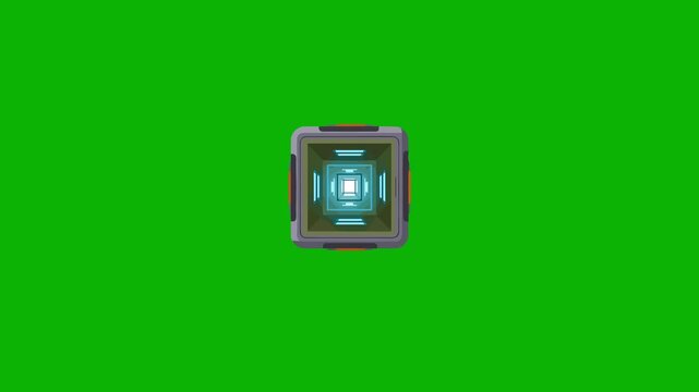 A 2D animated square holocron with a glowing core and metallic frame. It rotates steadily, representing a digital storage device or power cell for sci-fi interfaces.