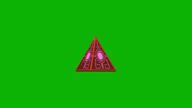 An animated red glowing 2D pyramid with geometric details spinning against a chroma key backdrop. This flat-style mystical artifact is perfect for 2D platformers or digital storytelling.